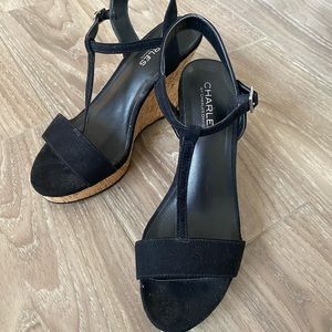 Black cork strappy wedges in size 7